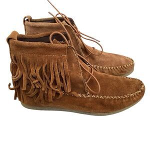 Zara Trafaluc Suede Booties 8 EU 38 Brown Fringed Moccasin Lace Up